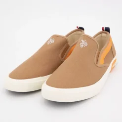 US POLO Baskets à enfiler tissu uni semelle blanche Homme MARRON Outlet