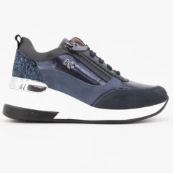 KEYS Baskets compensées à sequins cuir zip dorée avec lacets Femme BLEU FONCE