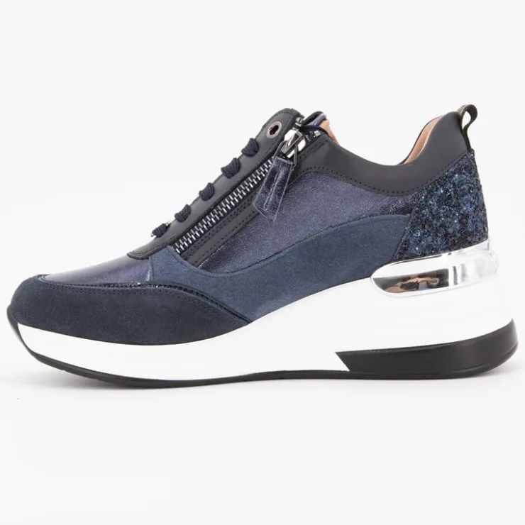 KEYS Baskets compensées à sequins cuir zip dorée avec lacets Femme BLEU FONCE