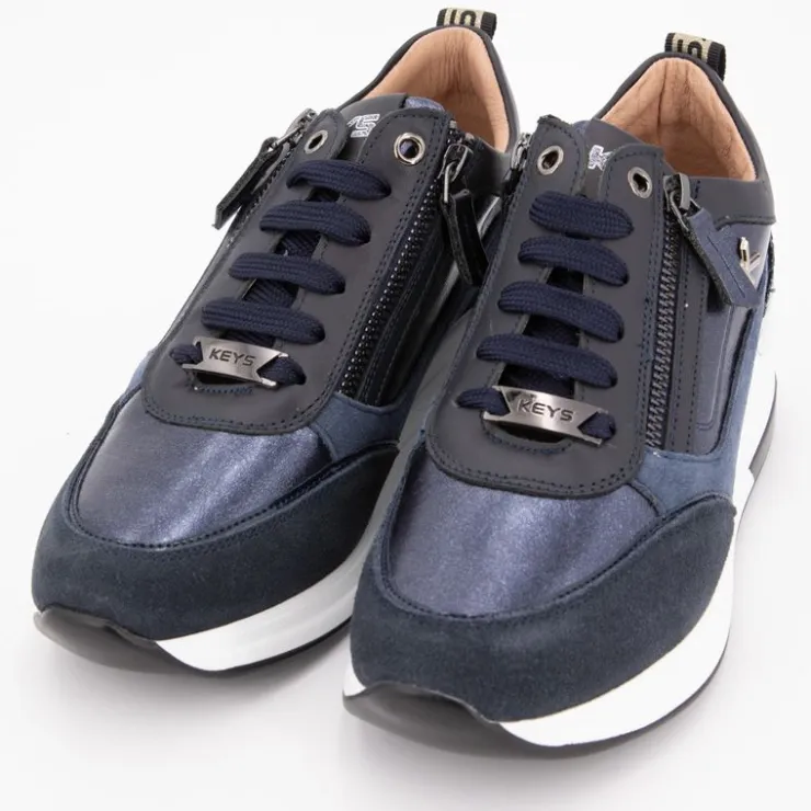 KEYS Baskets compensées à sequins cuir zip dorée avec lacets Femme BLEU FONCE