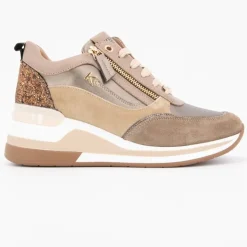 KEYS Baskets compensées à sequins cuir zip dorée avec lacets Femme BEIGE New