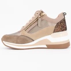 KEYS Baskets compensées à sequins cuir zip dorée avec lacets Femme BEIGE New