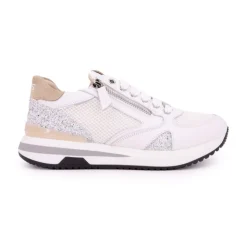 KEYS Baskets cuir à paillettes argentées avec zip Femme BLANC New