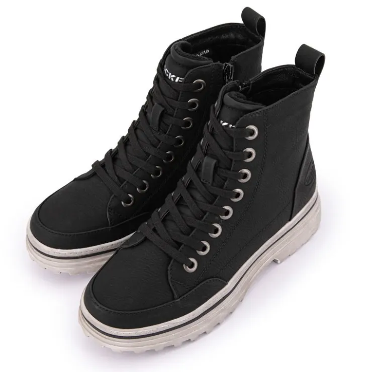 DOCKERS BY GERLI Baskets montantes à lacets zippées semelle crantée blanche usée Femme NOIR New