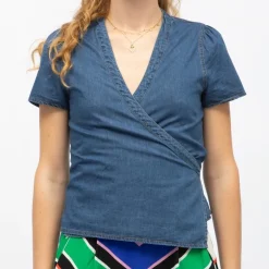 LA PETITE ETOILE Blouse cache coeur denim wash brandy manches courtes Femme BLEU Online