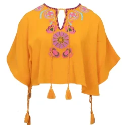 ANTIK BATIK Blouse caftan magoo à nouer avec broderie Femme ORANGE Clearance