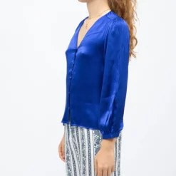 LA PETITE ETOILE Blouse col v effet satin bianca légère Femme BLEU Discount