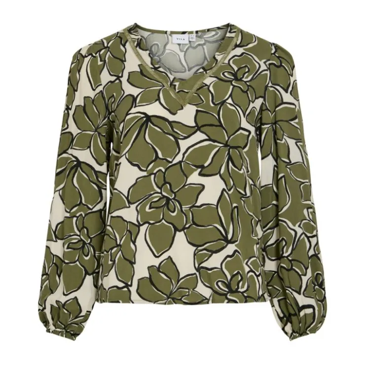 VILA Blouse col V fleurie capulet olive Femme KAKI Outlet