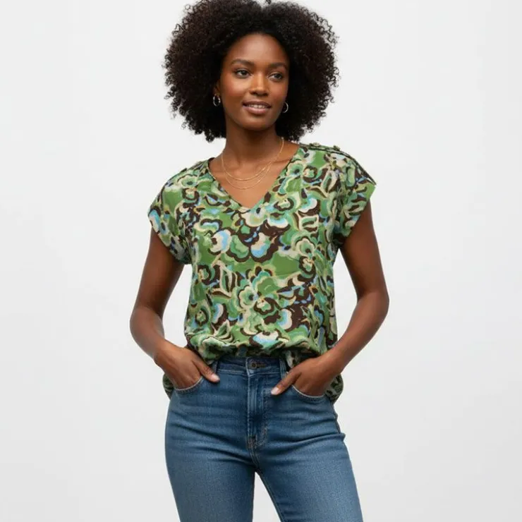 IMPERIAL Blouse col v imprimé fleurs Femme VERT Outlet