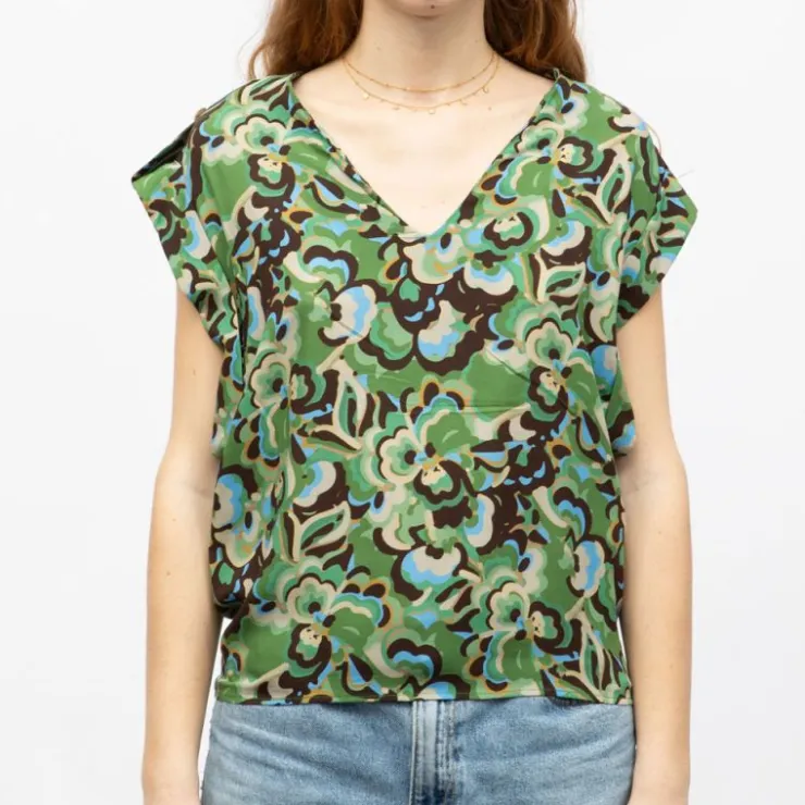 IMPERIAL Blouse col v imprimé fleurs Femme VERT Outlet