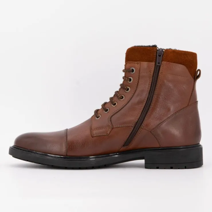 PIERRE CARDIN Bottines à lacets cognac avec zip Homme MARRON