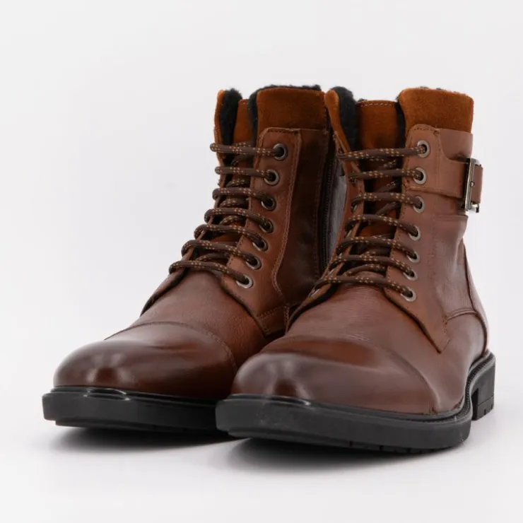 PIERRE CARDIN Bottines à lacets cognac avec zip Homme MARRON