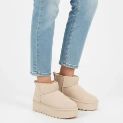 KELARA Bottines à plateforme cuir fourrée Femme BEIGE