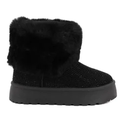 TOM TAILOR Bottines à revers à strass doublure faussure fourrure Femme NOIR New