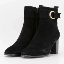 ELWIN Bottines à talons carrés daim avec boucles Femme NOIR New