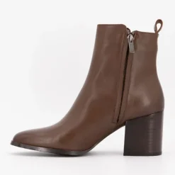 ELWIN Bottines cuir lisse à talons carrés Femme MARRON Clearance