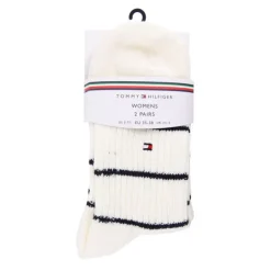 TOMMY HILFIGER Chaussettes uni et à rayures bleues logo brodé Femme BLANC New