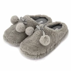 ETINCELLE Chaussons fausse fourrure pompon antidérapant Claire Femme GRIS