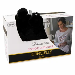 ETINCELLE Chaussons fausse fourrure pompon antidérapant Claire Femme NOIR New