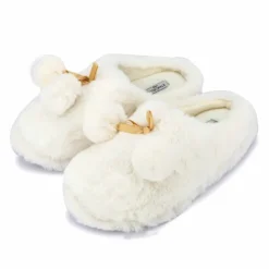 ETINCELLE Chaussons fausse fourrure pompon antidérapant Claire Femme BLANC