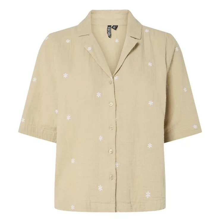 PIECES Chemise brodée en gaze de coton Femme BEIGE New