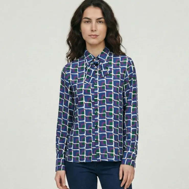 LES TROPEZIENNES PAR M.BELARBI Chemise col avec ruban à nouer imprimé graphique malijai Femme BLEU FONCE New