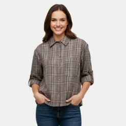 PLEASE Chemise grigio à carreaux asymétrique manches 3/4 Femme GRIS Clearance