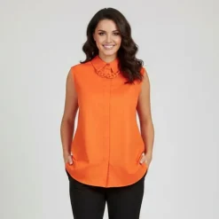 IMPERIAL Chemisier uni manches courtes avec collier Femme ORANGE New