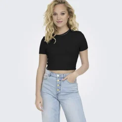 ONLY Crop top manches courtes uni Femme NOIR Hot