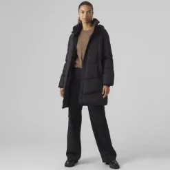 VERO MODA Doudoune col cheminé mi longue Halsey avec capuche Femme NOIR New
