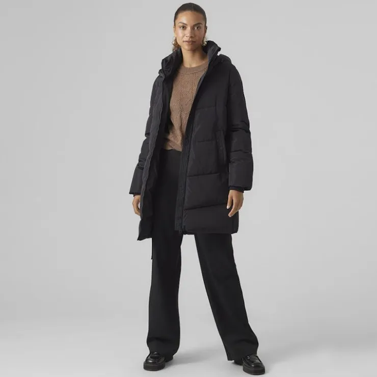 VERO MODA Doudoune col cheminé mi longue Halsey avec capuche Femme NOIR New