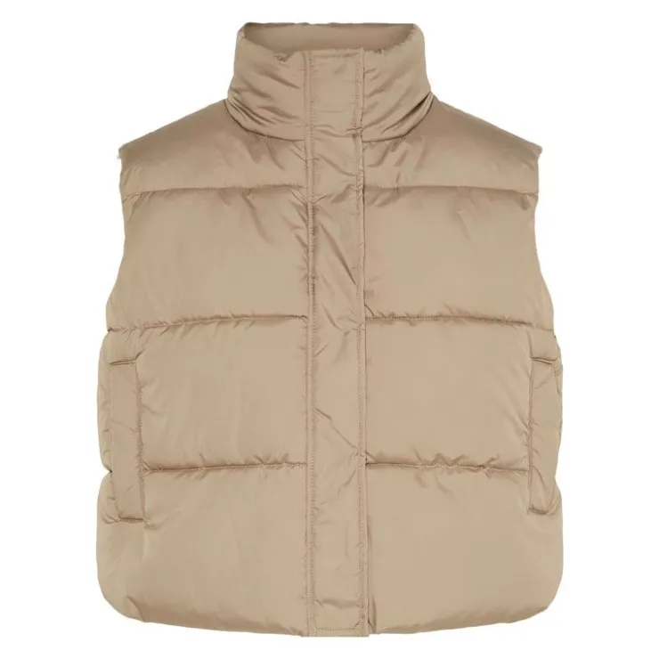 PIECES Doudoune sans manches courte col cheminée Femme BEIGE Discount