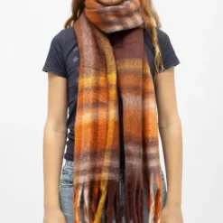 GERARD PASQUIER Echarpe à franges carreaux douce avec laine 40x210 cm Femme MARRON