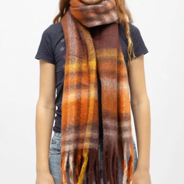 GERARD PASQUIER Echarpe à franges carreaux douce avec laine 40x210 cm Femme MARRON