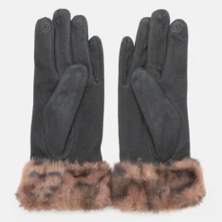 GERARD PASQUIER Gants tissu épais avec fausse fourrure imprimé léopard Femme NOIR New