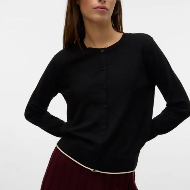 VERO MODA Gilet breeze col rond avec liseré blanc regular fit Femme NOIR