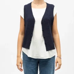 LA PETITE ETOILE Gilet sans manches bleu marine monica maille crocheté Femme BLEU FONCE Clearance