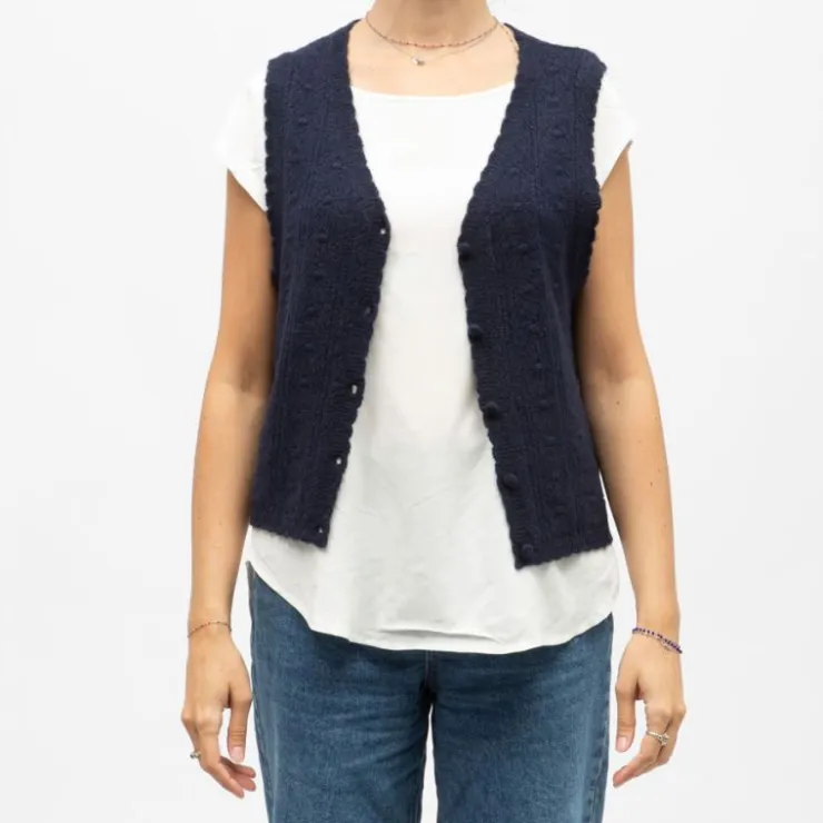 LA PETITE ETOILE Gilet sans manches bleu marine monica maille crocheté Femme BLEU FONCE Clearance