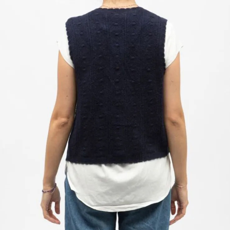 LA PETITE ETOILE Gilet sans manches bleu marine monica maille crocheté Femme BLEU FONCE Clearance