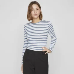 VILA Haut col ras de cou Vivally marinière coton Femme BLEU Clearance