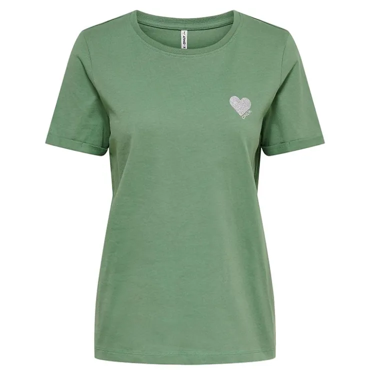 ONLY Haut col rond broderie cœur irisée Femme VERT New