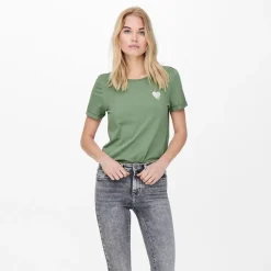 ONLY Haut col rond broderie cœur irisée Femme VERT New