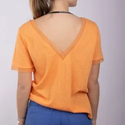 DEELUXE 74 Haut corail manches courtes Col V devant et au dos Femme ORANGE CLAIR New