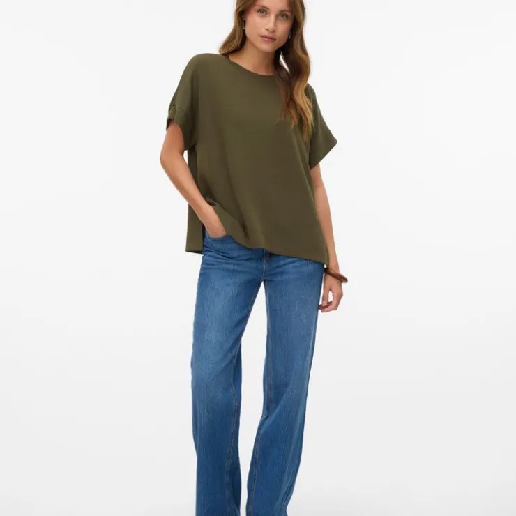 VERO MODA Haut Hali fluide col rond manches courtes Femme KAKI