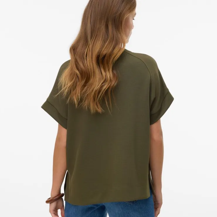 VERO MODA Haut Hali fluide col rond manches courtes Femme KAKI