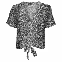 VERO MODA Haut manches courtes col v bouton noeud Femme NOIR