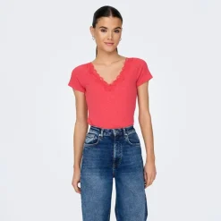 ONLY Haut manches courtes Lennie rouges dentelle décolleté Femme ORANGE New