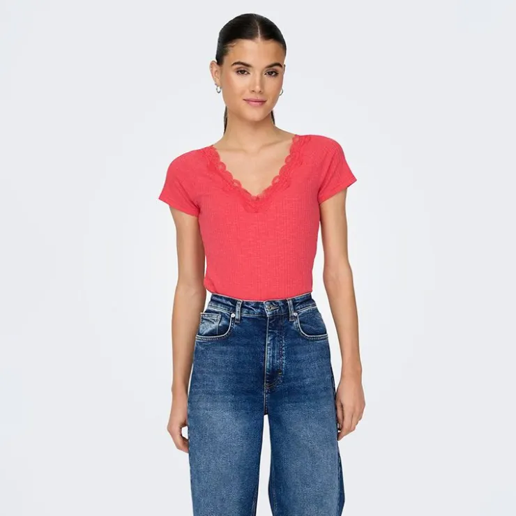 ONLY Haut manches courtes Lennie rouges dentelle décolleté Femme ORANGE New