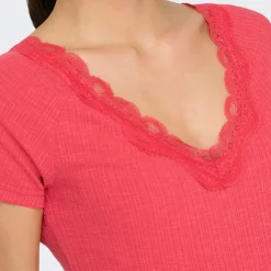 ONLY Haut manches courtes Lennie rouges dentelle décolleté Femme ORANGE New