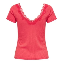 ONLY Haut manches courtes Lennie rouges dentelle décolleté Femme ORANGE New